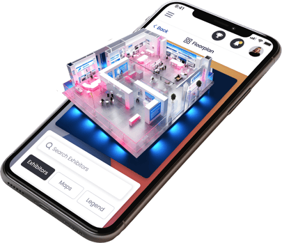 Smartphone showing an interactive floor plan by Map D for event and venue management.
