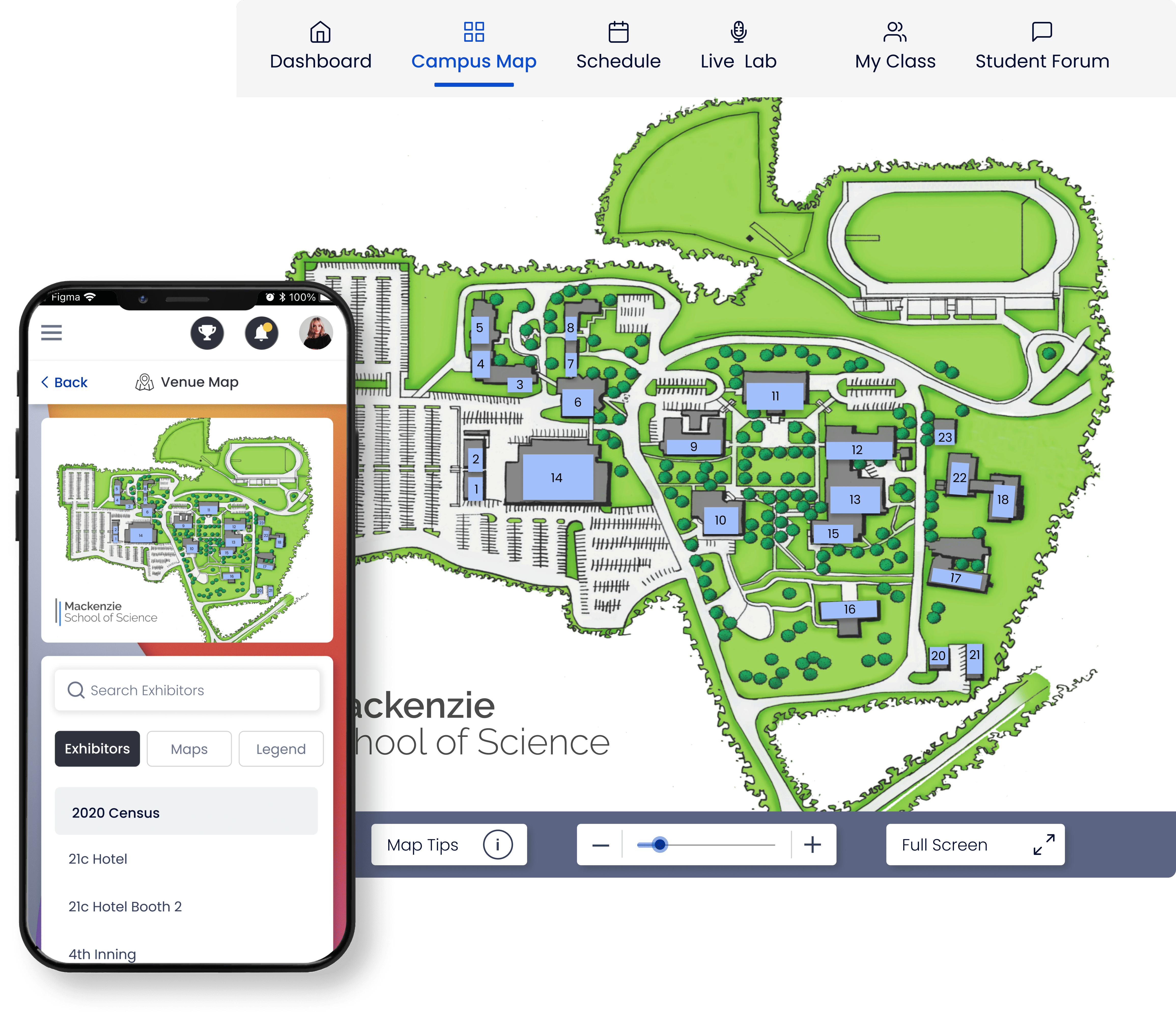 Community event software showing an interactive fair map, booth selection, and mobile app alerts