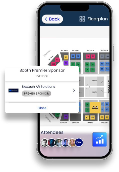 Event app with interactive map displaying videos, presentations, and content for trade show attendees.