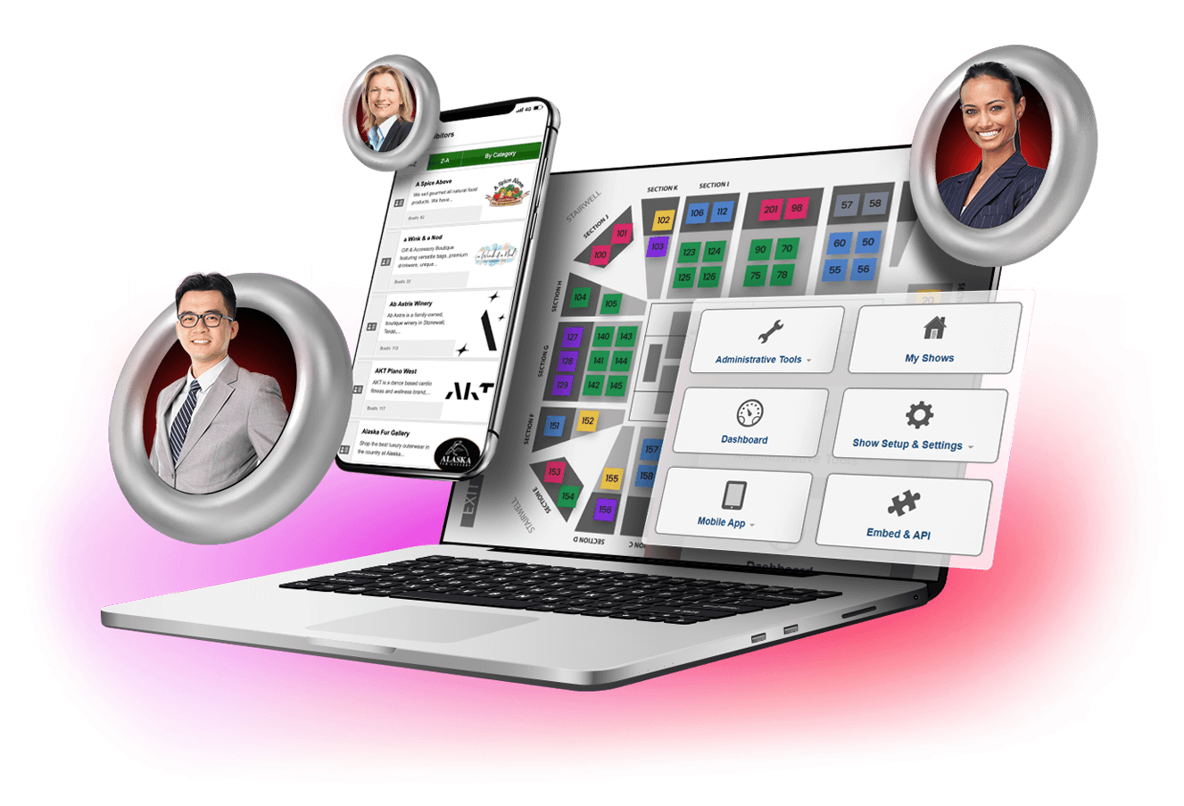 Event software analytics integrated with an interactive floor plan API, delivering sales velocity reports, exhibitor engagement metrics, and exportable dashboards for organizers and exhibitors.