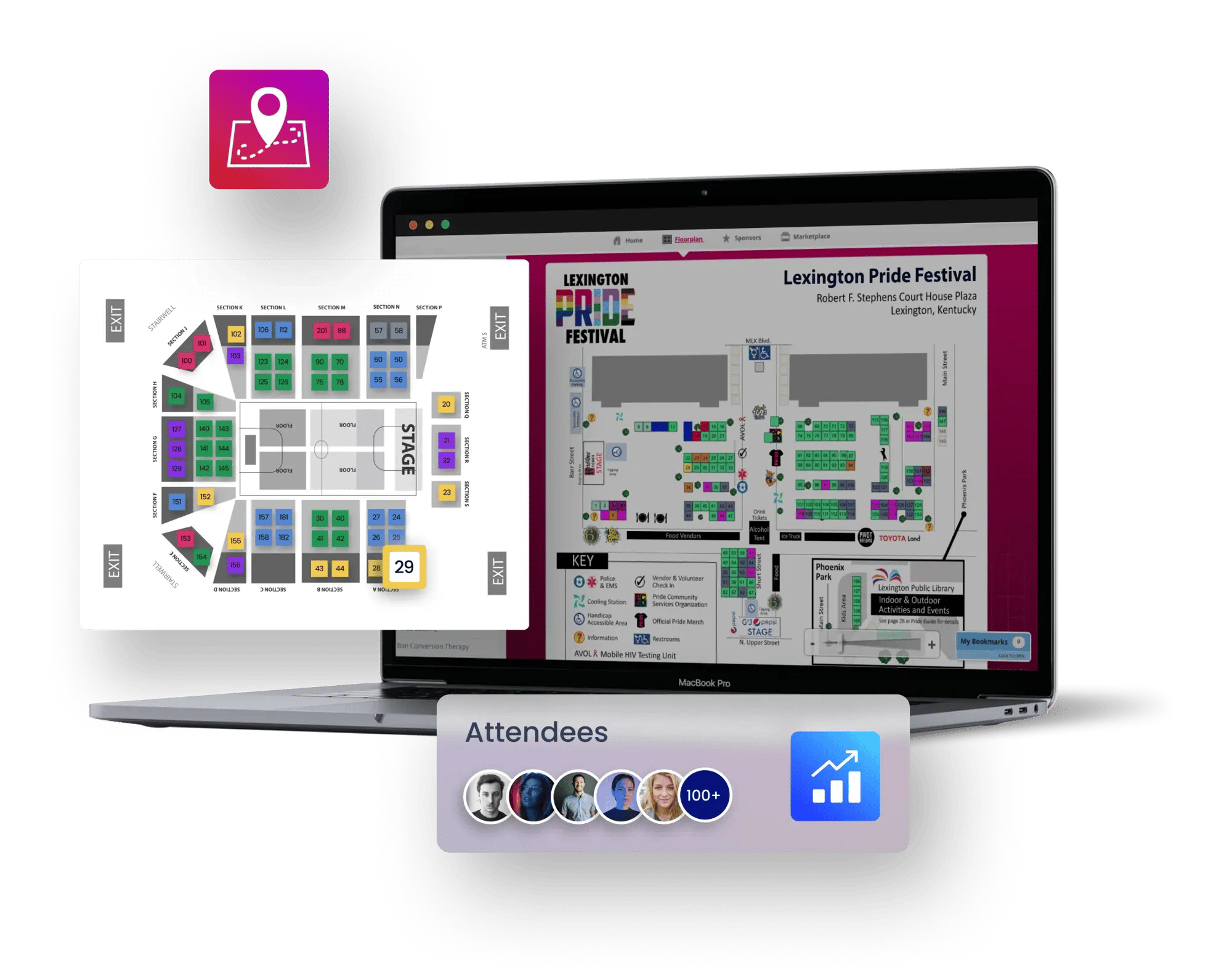 Interactive floor plan API with mobile-ready exhibitor maps, live booth availability, drag-and-drop layout tools, and white label event software integrations for sponsor visibility and attendee wayfinding.