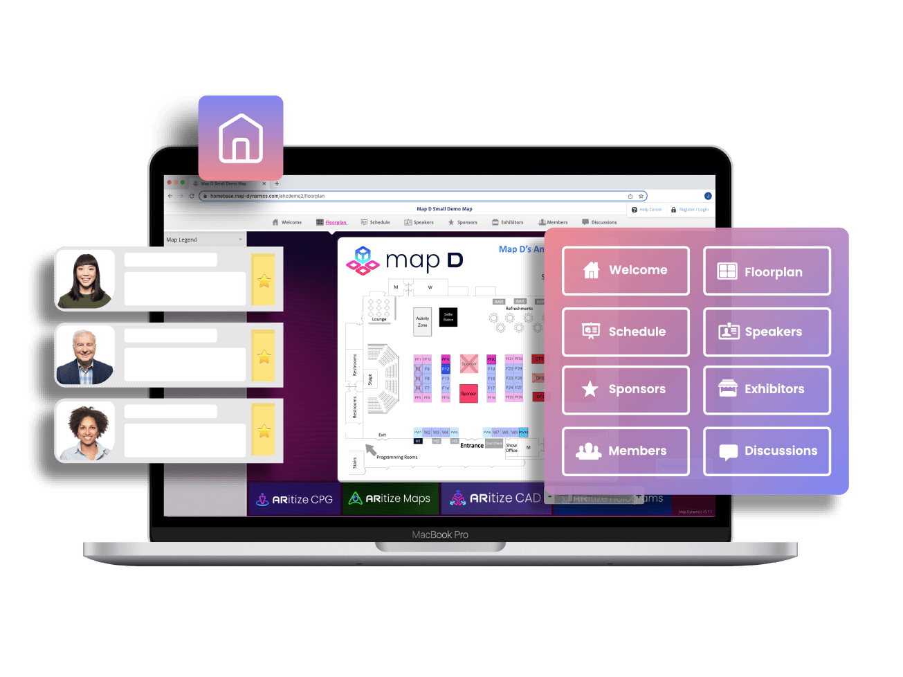 Exhibitor management API and portal connected to an interactive floor plan API, giving exhibitors tools to upload logos, staff, and documents, manage tasks, and track lead capture analytics.