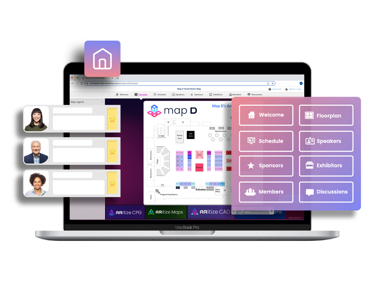 Annual meeting software showing agenda builder, interactive expo map, and mobile app notifications